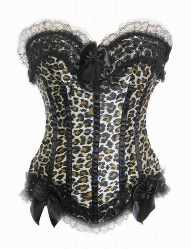 Black Leopard Pattern Corset with Rufled Trim and Ribbon Details 